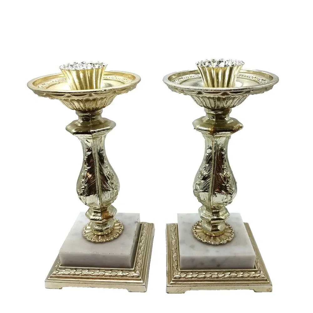 MCM Candle Holders Italian Marble Base Dilly Mfg Co. Gold Hollywood Regency 9
